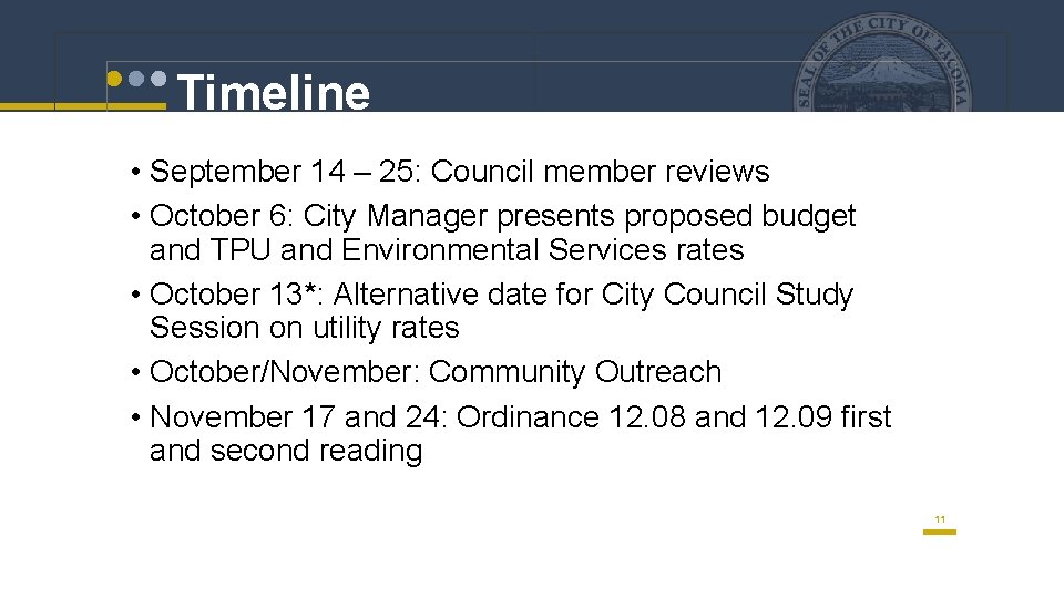 Timeline • September 14 – 25: Council member reviews • October 6: City Manager