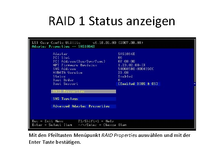 RAID 1 Status anzeigen Mit den Pfeiltasten Menüpunkt RAID Properties auswählen und mit der