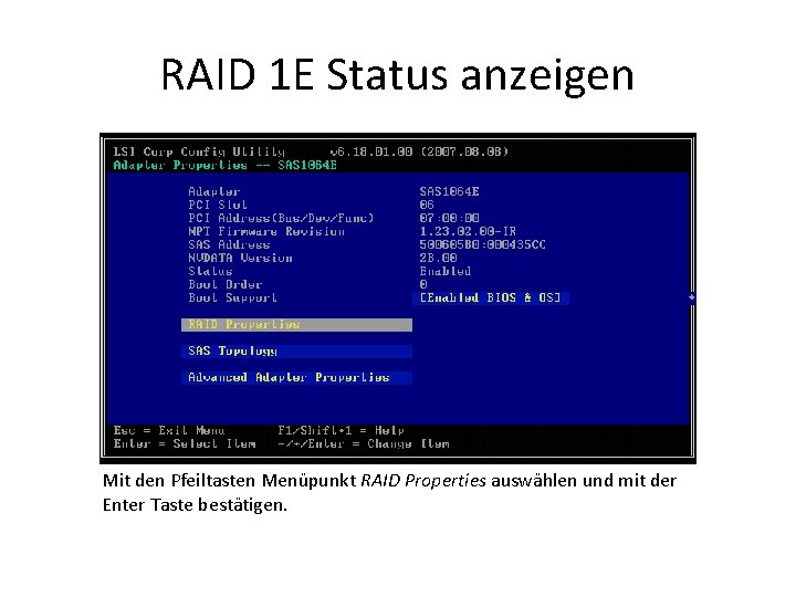 RAID 1 E Status anzeigen Mit den Pfeiltasten Menüpunkt RAID Properties auswählen und mit