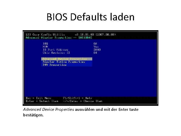 BIOS Defaults laden Advanced Device Properties auswählen und mit der Enter taste bestätigen. 