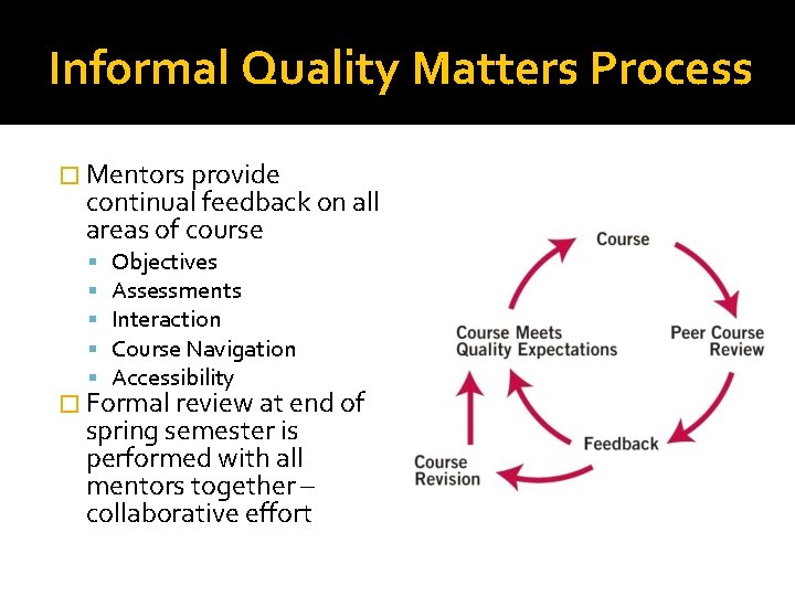 Informal Quality Matters Process � Mentors provide continual feedback on all areas of course