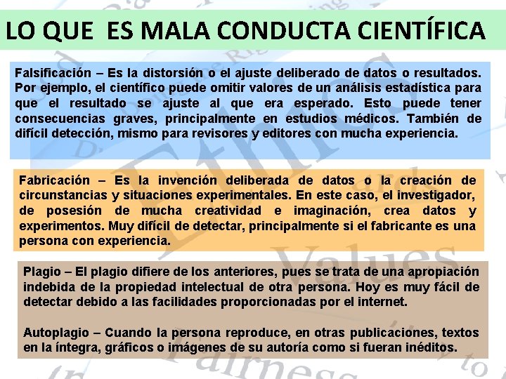 LO QUE ES MALA CONDUCTA CIENTÍFICA Falsificación – Es la distorsión o el ajuste