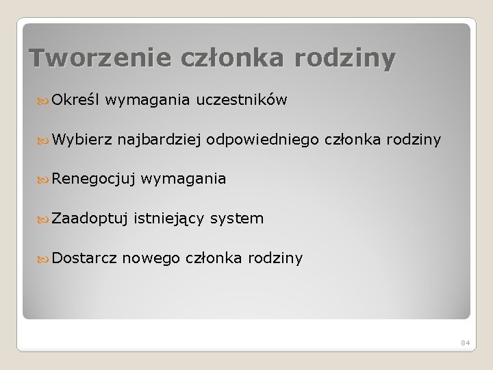 Tworzenie członka rodziny Określ wymagania uczestników Wybierz najbardziej odpowiedniego członka rodziny Renegocjuj Zaadoptuj Dostarcz