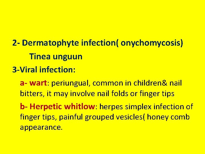 2 - Dermatophyte infection( onychomycosis) Tinea unguun 3 -Viral infection: a- wart: periungual, common