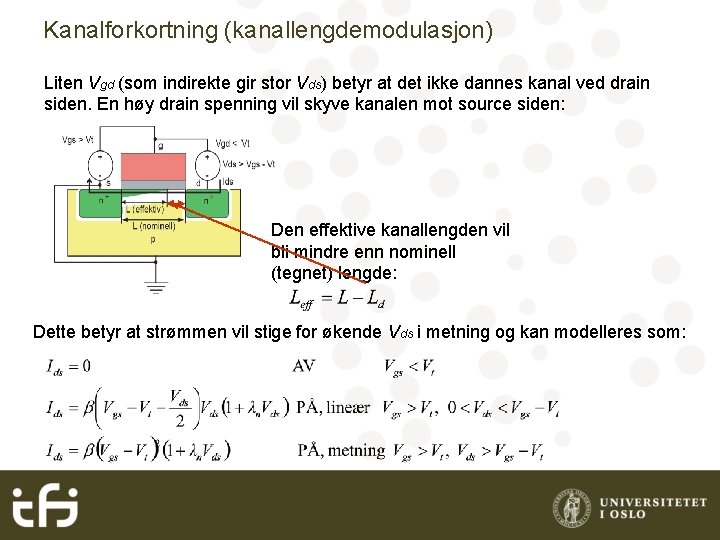 Kanalforkortning (kanallengdemodulasjon) Liten Vgd (som indirekte gir stor Vds) betyr at det ikke dannes