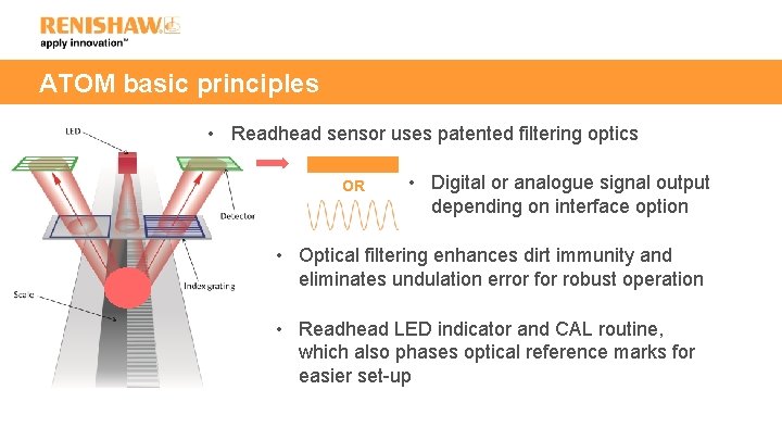 ATOM basic principles • Readhead sensor uses patented filtering optics OR • Digital or