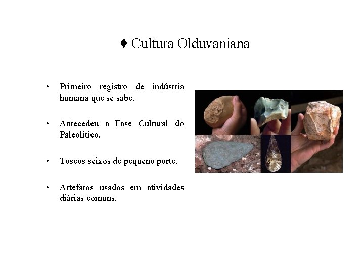 ♦ Cultura Olduvaniana • Primeiro registro de indústria humana que se sabe. • Antecedeu