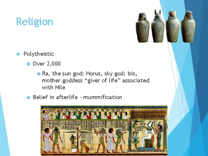 Religion Polytheistic Over 2, 000 Ra, the sun god; Horus, sky god; Isis, mother
