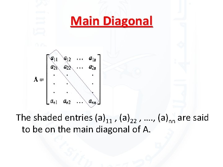 Main Diagonal The shaded entries (a)11 , (a)22 , …. , (a)nn are said