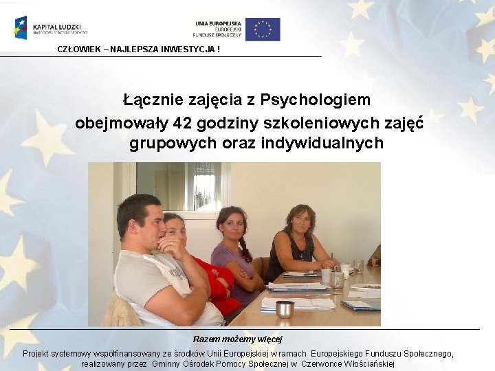 CZŁOWIEK – NAJLEPSZA INWESTYCJA ! Łącznie zajęcia z Psychologiem obejmowały 42 godziny szkoleniowych zajęć