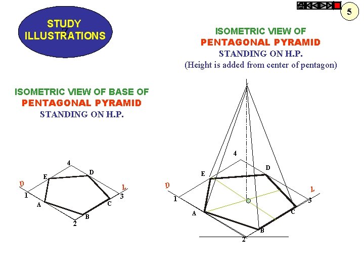 5 STUDY Z ILLUSTRATIONS ISOMETRIC VIEW OF PENTAGONAL PYRAMID STANDING ON H. P. (Height