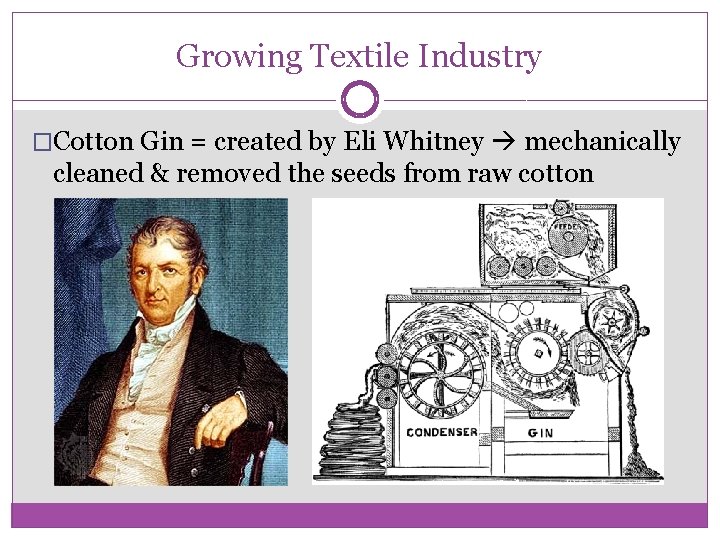 Growing Textile Industry �Cotton Gin = created by Eli Whitney mechanically cleaned & removed