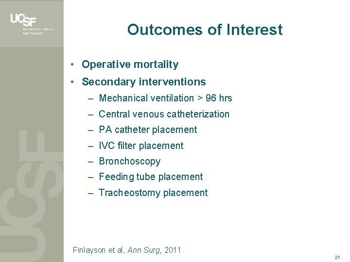 Outcomes of Interest • Operative mortality • Secondary interventions – Mechanical ventilation > 96