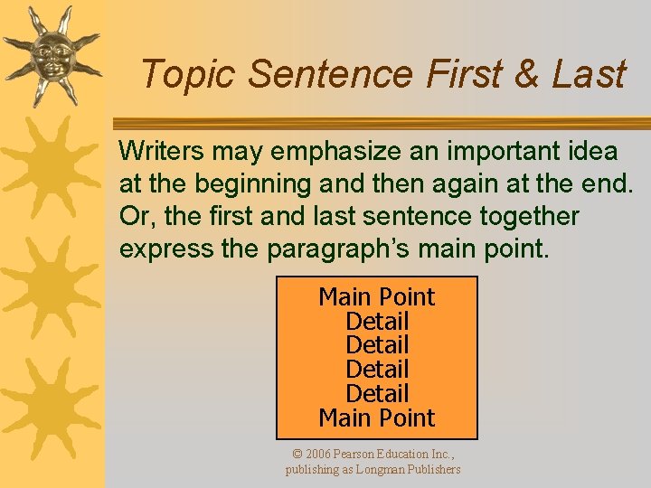Topic Sentence First & Last Writers may emphasize an important idea at the beginning