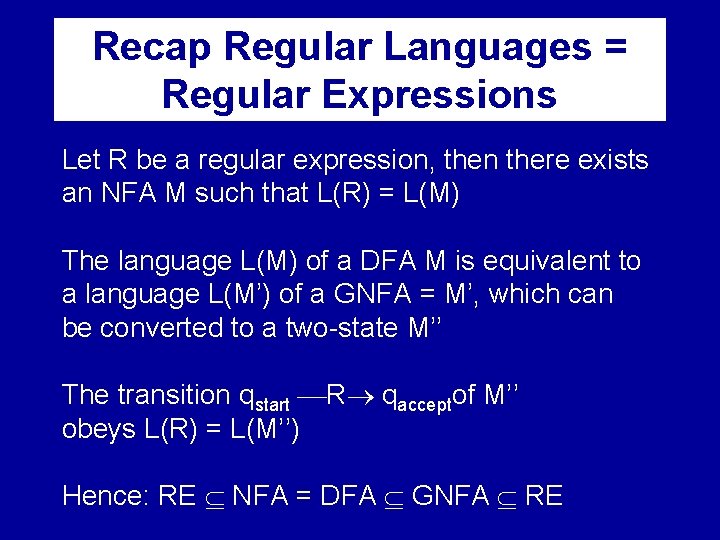 Recap Regular Languages = Regular Expressions Let R be a regular expression, then there