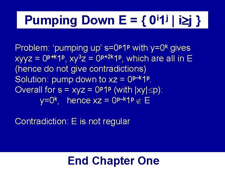 Pumping Down E = { 0 i 1 j | i j } Problem: