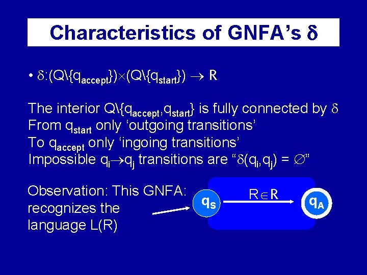 Characteristics of GNFA’s • : (Q{qaccept}) (Q{qstart}) R The interior Q{qaccept, qstart} is fully