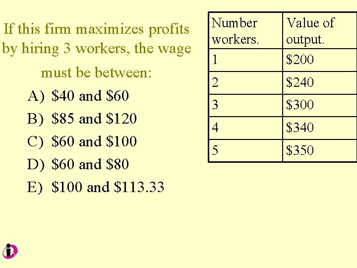 If this firm maximizes profits by hiring 3 workers, the wage must be between: