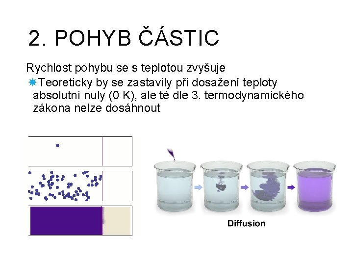 2. POHYB ČÁSTIC Rychlost pohybu se s teplotou zvyšuje Teoreticky by se zastavily při