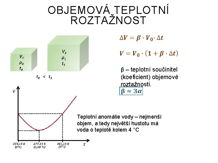 OBJEMOVÁ TEPLOTNÍ ROZTAŽNOST β – teplotní součinitel (koeficient) objemové roztažnosti. Teplotní anomálie vody –