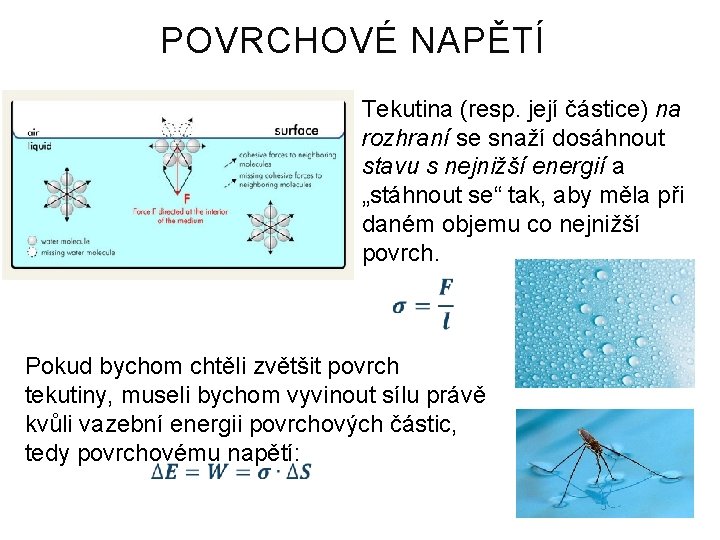 POVRCHOVÉ NAPĚTÍ Tekutina (resp. její částice) na rozhraní se snaží dosáhnout stavu s nejnižší