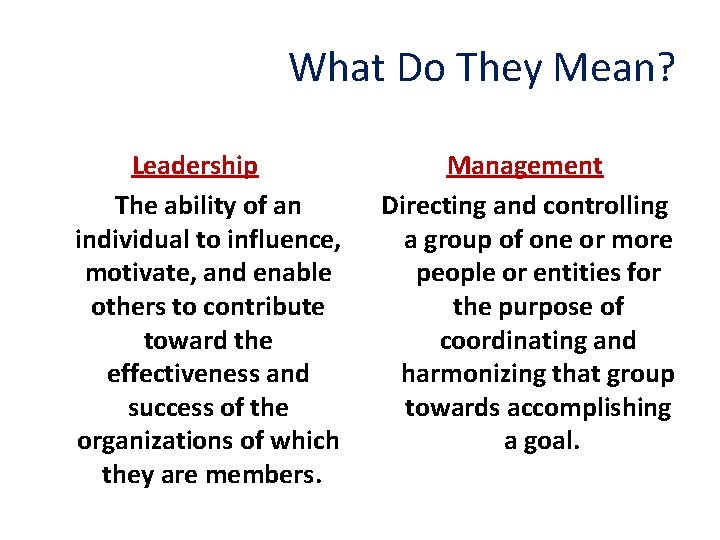 What Do They Mean? Leadership The ability of an individual to influence, motivate, and