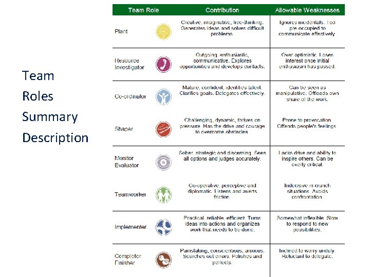 Team Roles Summary Description 