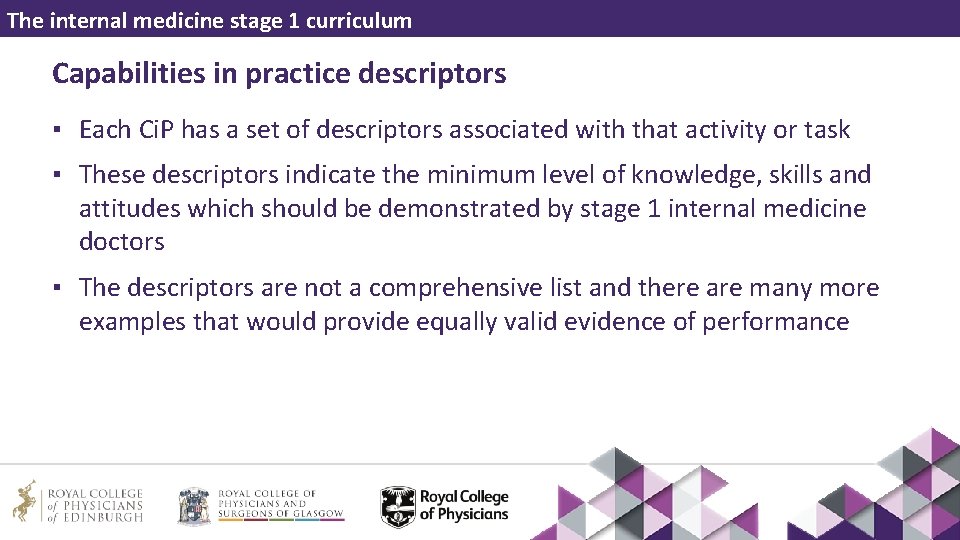 The internal medicine stage 1 curriculum Capabilities in practice descriptors ▪ Each Ci. P