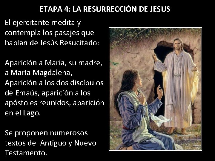 ETAPA 4: LA RESURRECCIÓN DE JESUS El ejercitante medita y contempla los pasajes que