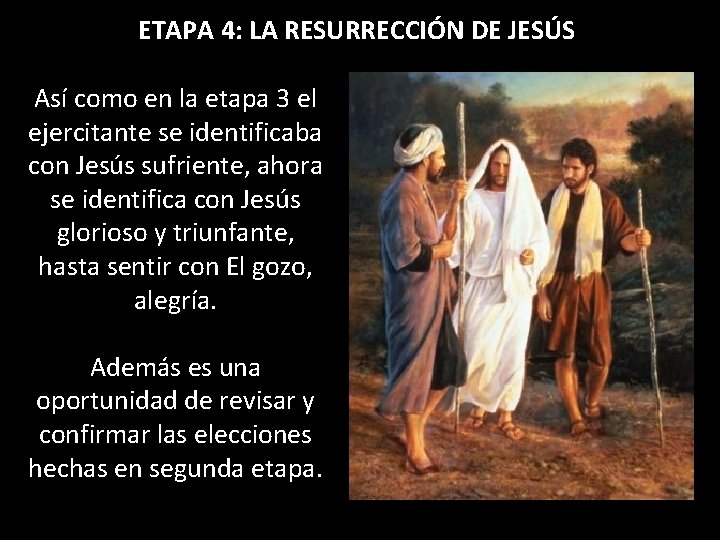ETAPA 4: LA RESURRECCIÓN DE JESÚS Así como en la etapa 3 el ejercitante
