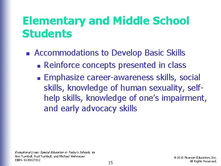 Elementary and Middle School Students n Accommodations to Develop Basic Skills n Reinforce concepts