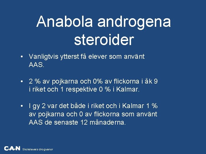 Anabola androgena steroider • Vanligtvis ytterst få elever som använt AAS. • 2 %