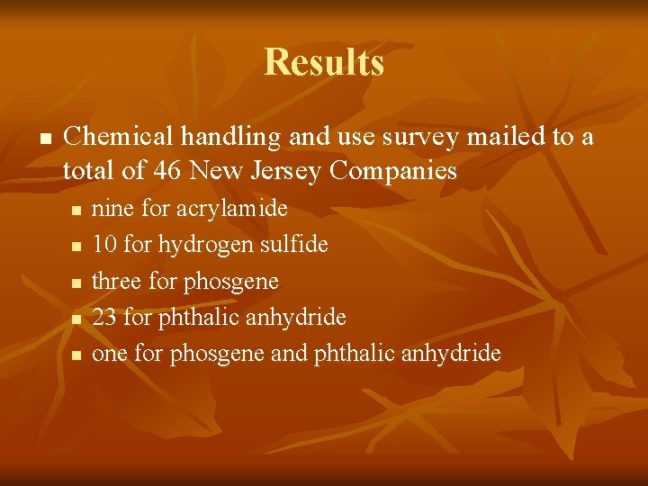 Results n Chemical handling and use survey mailed to a total of 46 New