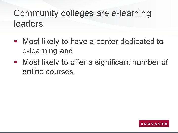 Community colleges are e-learning leaders § Most likely to have a center dedicated to