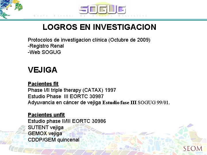 LOGROS EN INVESTIGACION Protocolos de investigacion clínica (Octubre de 2009) -Registro Renal -Web SOGUG