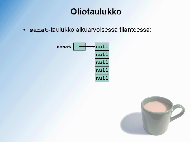 Oliotaulukko • sanat-taulukko alkuarvoisessa tilanteessa: sanat null null 