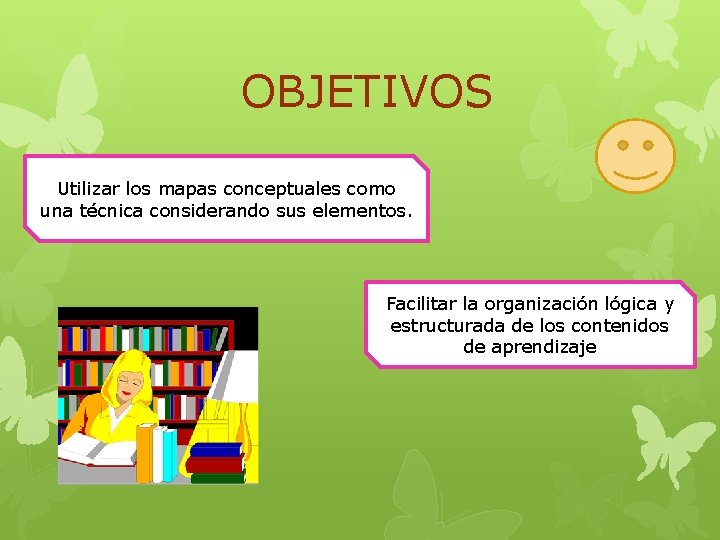 OBJETIVOS Utilizar los mapas conceptuales como una técnica considerando sus elementos. Facilitar la organización