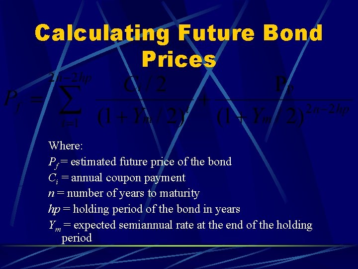 Calculating Future Bond Prices Where: Pf = estimated future price of the bond Ci