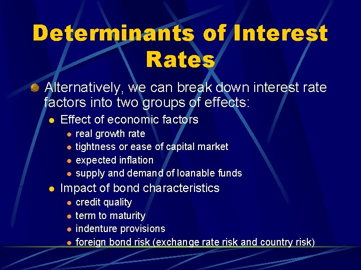 Determinants of Interest Rates Alternatively, we can break down interest rate factors into two