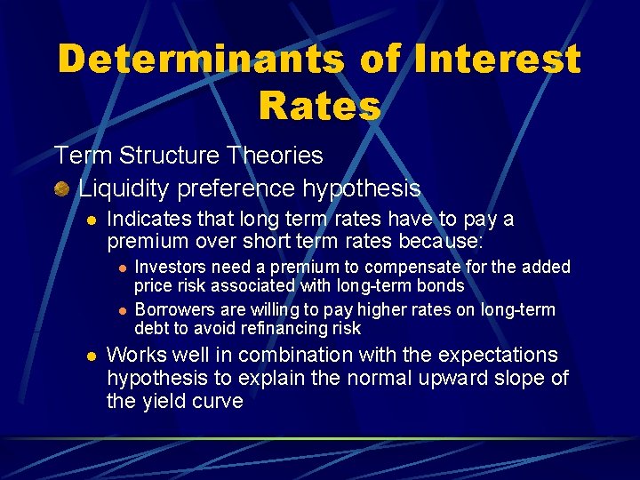 Determinants of Interest Rates Term Structure Theories Liquidity preference hypothesis l Indicates that long