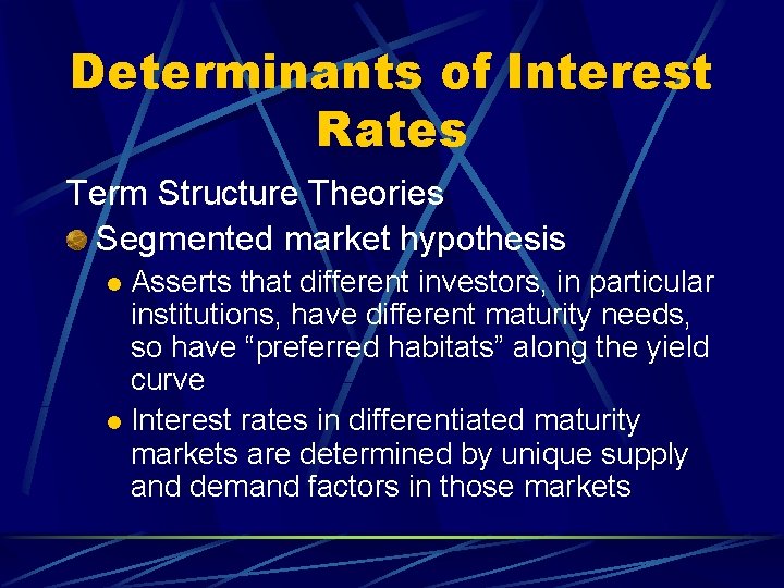 Determinants of Interest Rates Term Structure Theories Segmented market hypothesis Asserts that different investors,