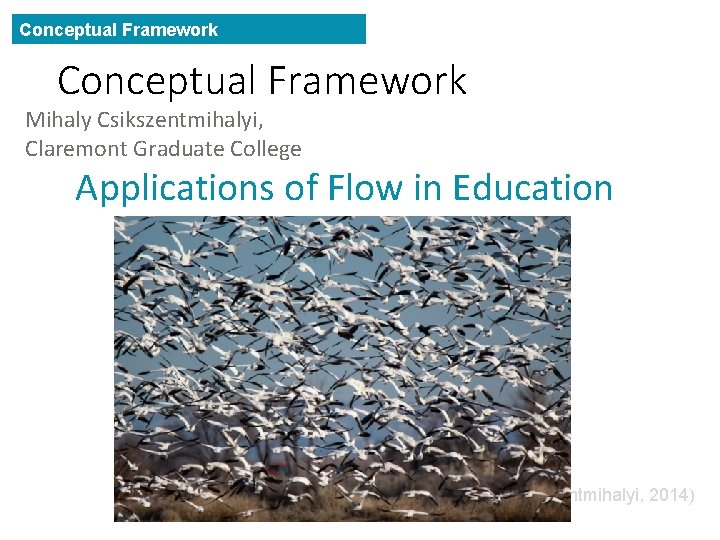 Conceptual Framework Mihaly Csikszentmihalyi, Claremont Graduate College Applications of Flow in Education • Flow