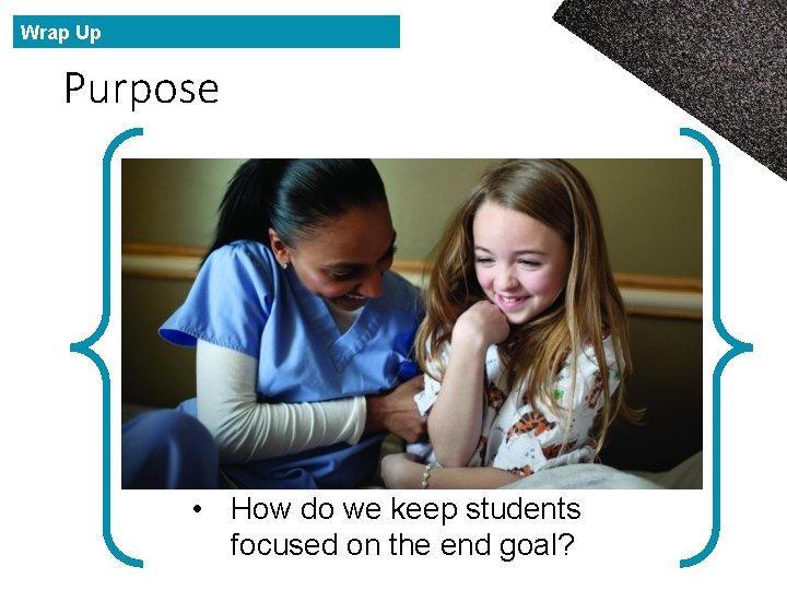 Wrap Up Purpose • How do we keep students focused on the end goal?