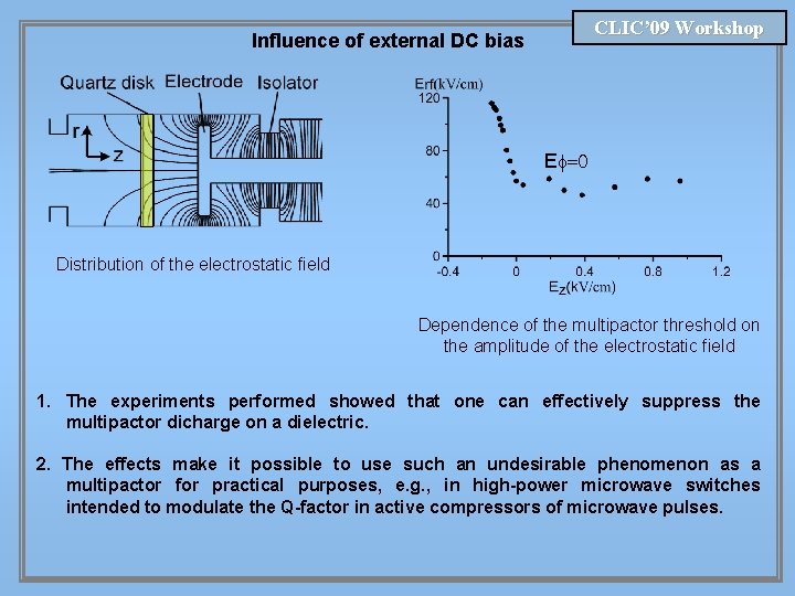 CLIC’ 09 Workshop Influence of external DC bias Ef=0 Distribution of the electrostatic field