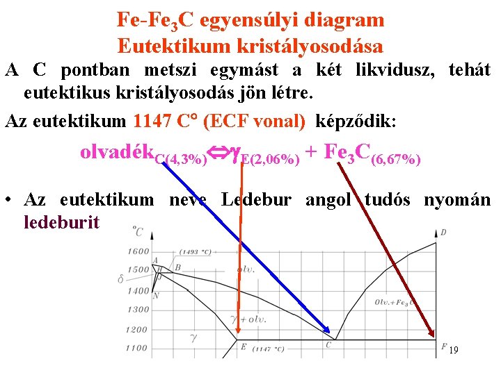 Fe-Fe 3 C egyensúlyi diagram Eutektikum kristályosodása A C pontban metszi egymást a két