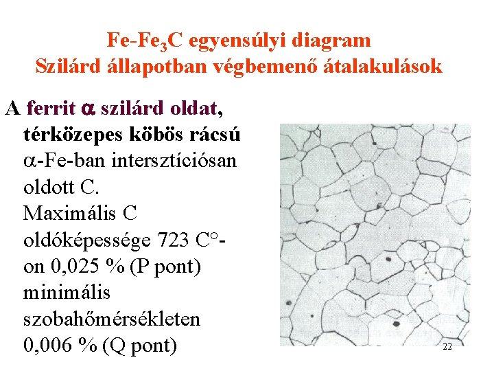 Fe-Fe 3 C egyensúlyi diagram Szilárd állapotban végbemenő átalakulások A ferrit szilárd oldat, térközepes