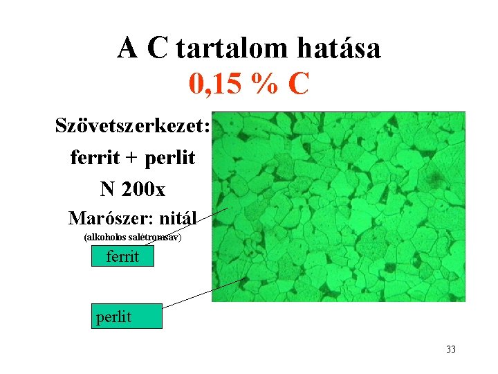 A C tartalom hatása 0, 15 % C Szövetszerkezet: ferrit + perlit N 200