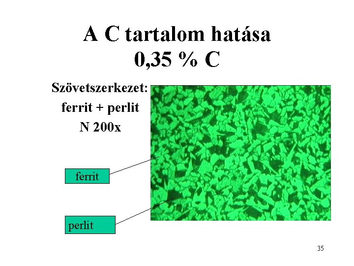 A C tartalom hatása 0, 35 % C Szövetszerkezet: ferrit + perlit N 200