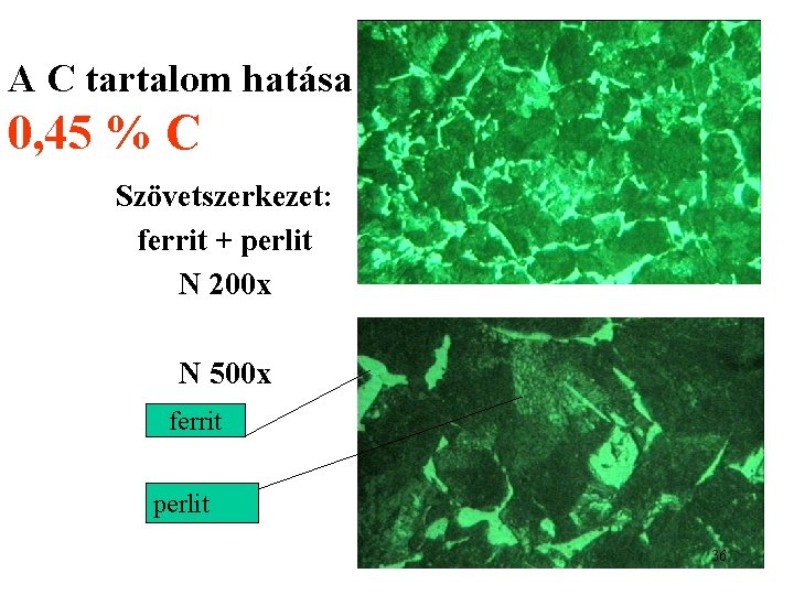 A C tartalom hatása 0, 45 % C Szövetszerkezet: ferrit + perlit N 200