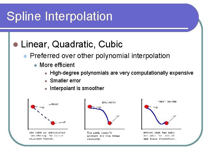 Spline Interpolation Linear, Quadratic, Cubic Preferred over other polynomial interpolation More efficient High-degree polynomials Spline Interpolation Linear, Quadratic, Cubic Preferred over other polynomial interpolation More efficient High-degree polynomials